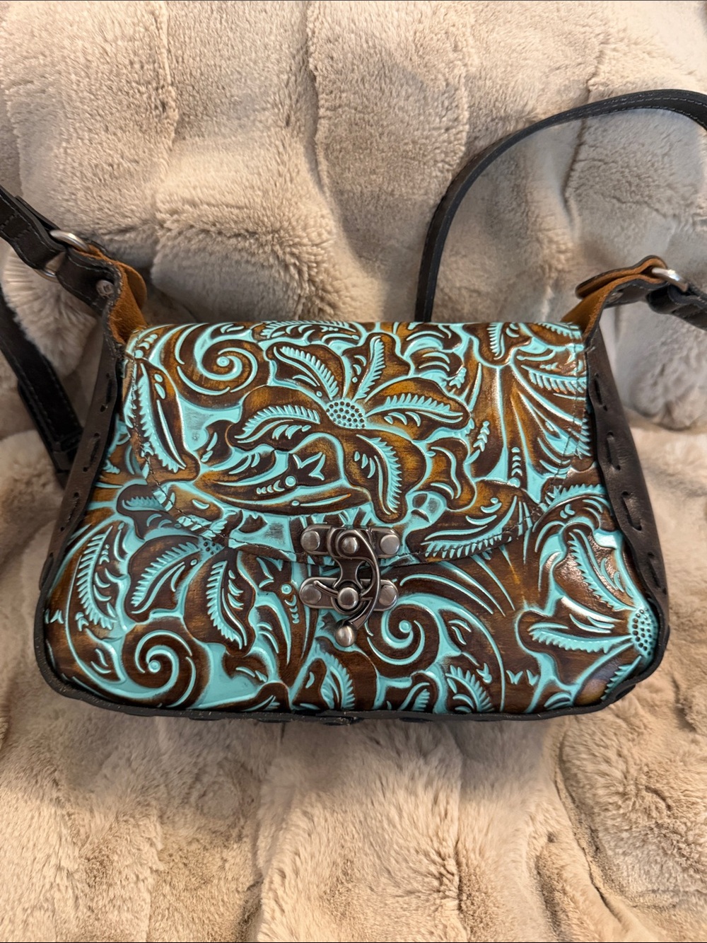 Patricia Nash Brown and Turquoise Tooled Leather Crossbody